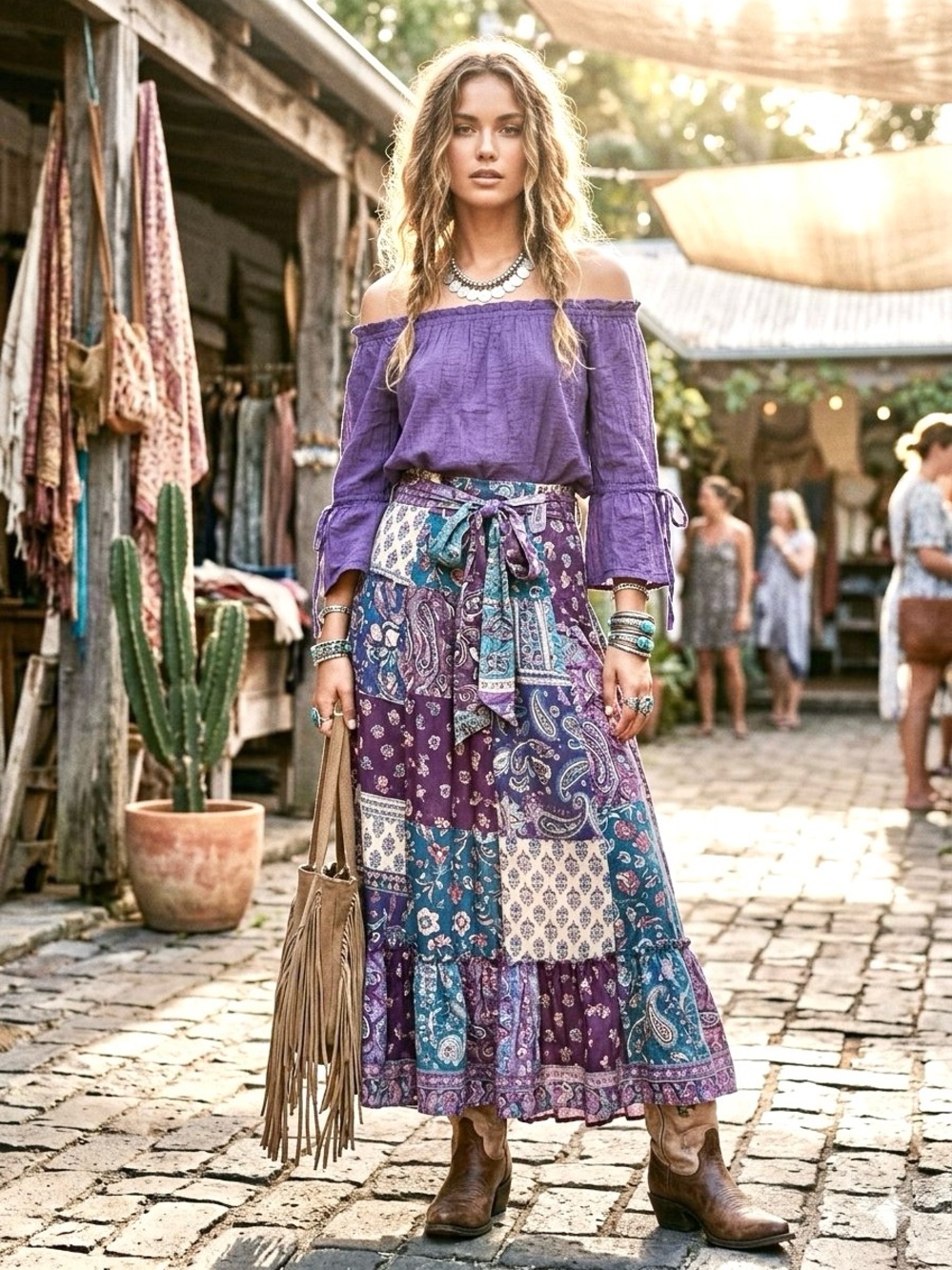 Women's Off-Shoulder Purple Peasant Top with Tie Sleeves